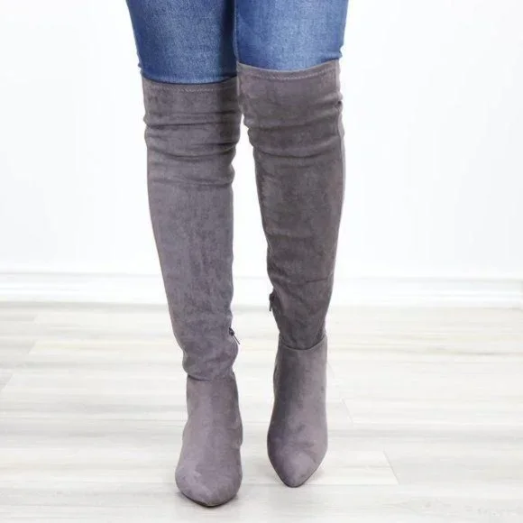 Pointy Toe Over The Knee Gray Boots Faux Suede - Picture 12 of 12